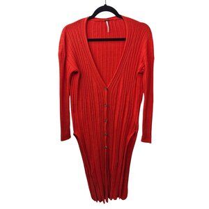 Free People Sweater Womens XS Red Knit Duster Cardigan Long Sleeve High Slit